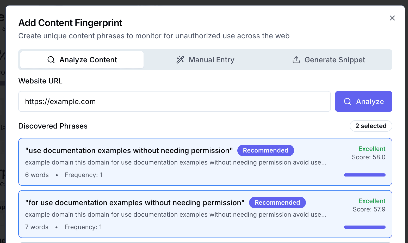 Content Fingerprinting Dashboard showing phrase analysis with uniqueness scores